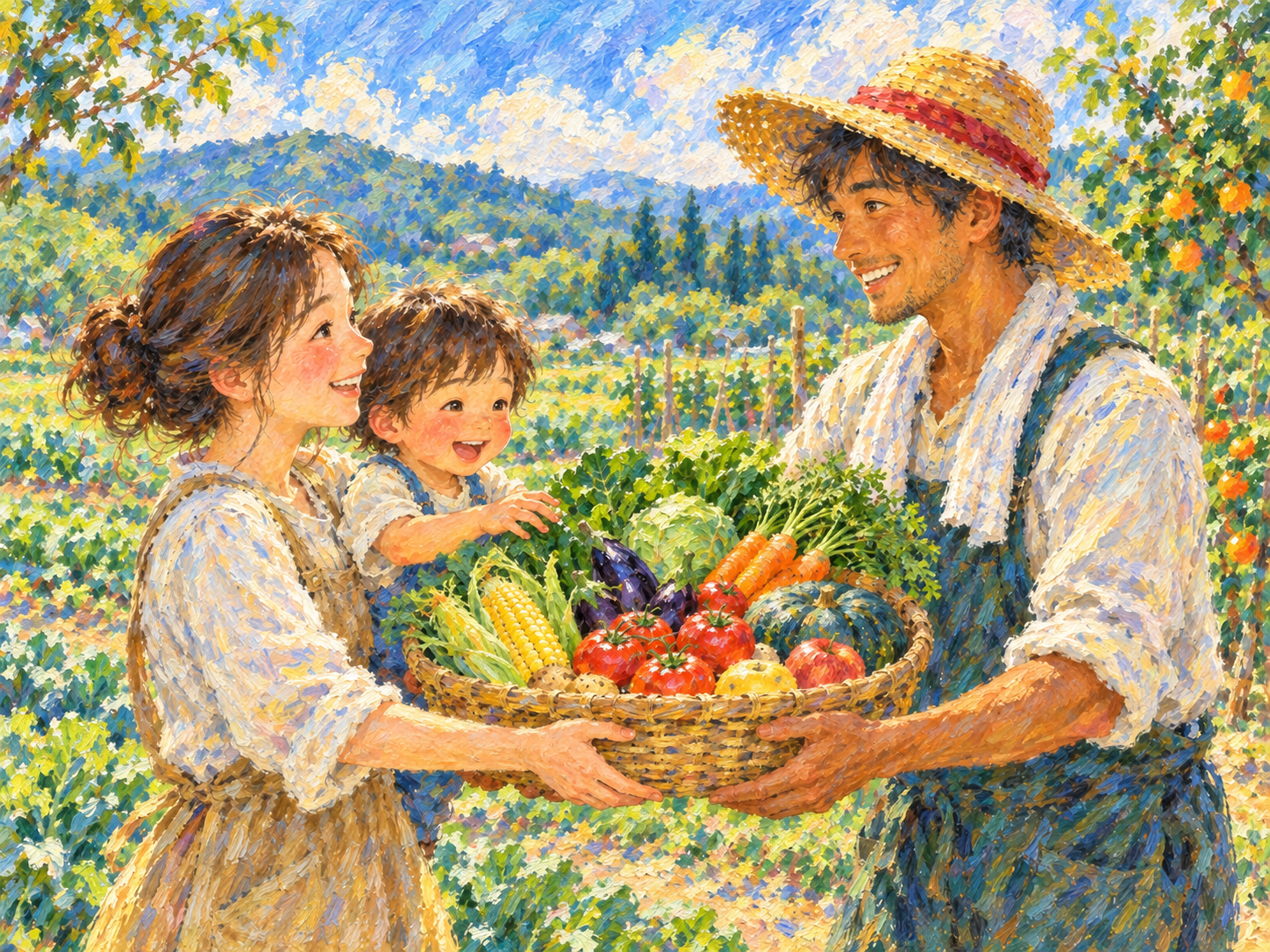 麦わら帽子の農家さんから、親子が野菜と果物のかごを直接受け取るイラスト